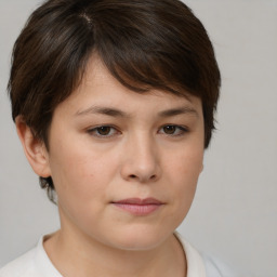 Neutral white young-adult female with short  brown hair and brown eyes