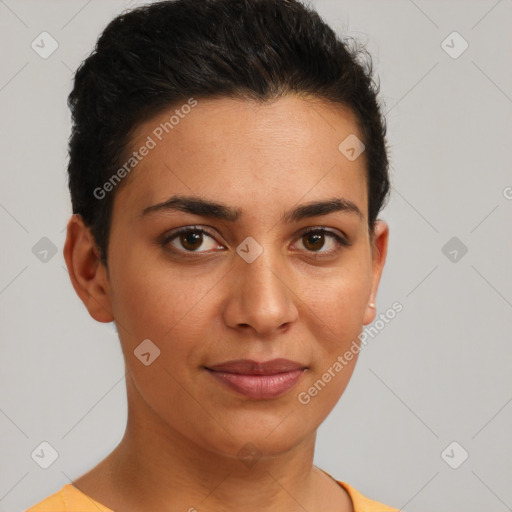 Joyful latino young-adult female with short  brown hair and brown eyes