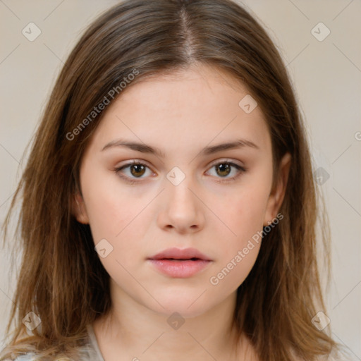 Neutral white young-adult female with medium  brown hair and brown eyes