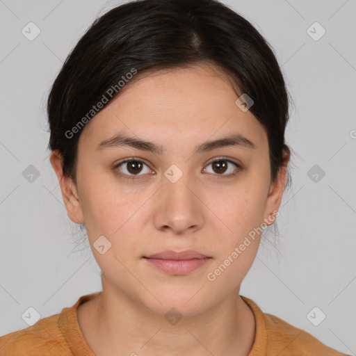 Neutral white young-adult female with medium  brown hair and brown eyes