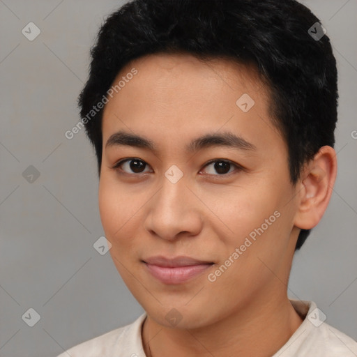 Joyful asian young-adult male with short  black hair and brown eyes