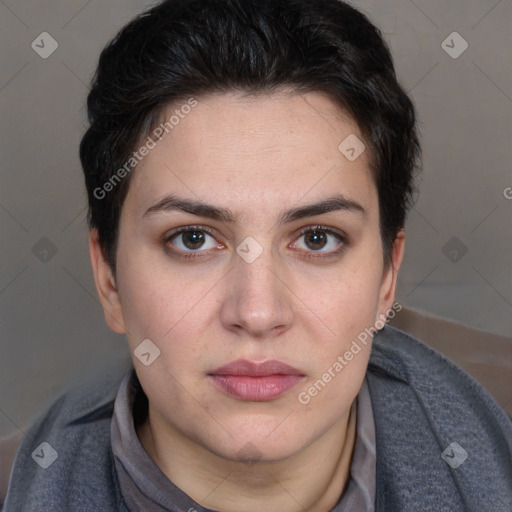 Neutral white young-adult female with short  brown hair and brown eyes