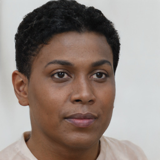 Neutral black young-adult female with short  brown hair and brown eyes