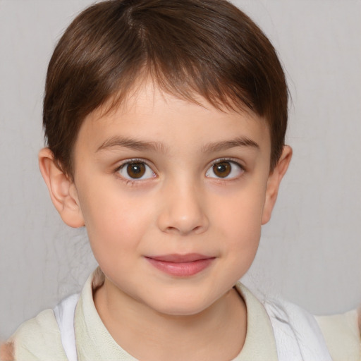 Joyful white child female with short  brown hair and brown eyes