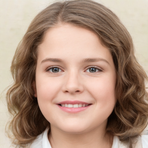 Joyful white young-adult female with medium  brown hair and green eyes