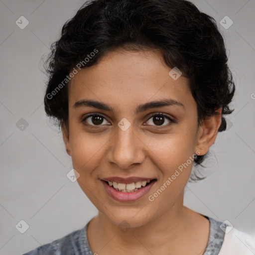 Joyful latino young-adult female with short  brown hair and brown eyes