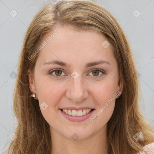 Joyful white young-adult female with long  brown hair and brown eyes