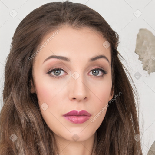 Neutral white young-adult female with long  brown hair and brown eyes