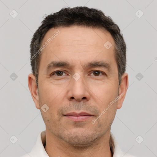 Neutral white adult male with short  brown hair and brown eyes