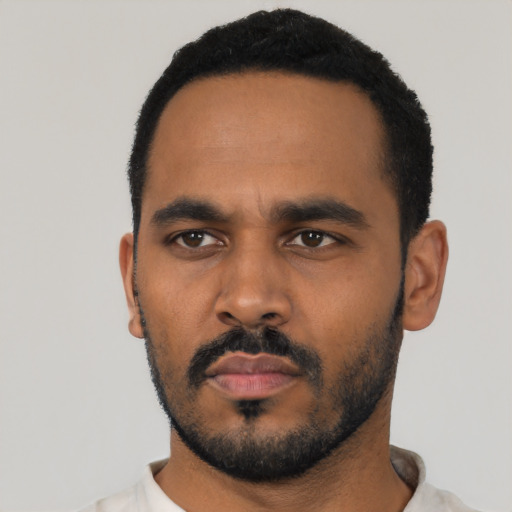 Neutral black young-adult male with short  black hair and brown eyes
