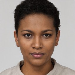 Neutral black young-adult female with short  black hair and brown eyes