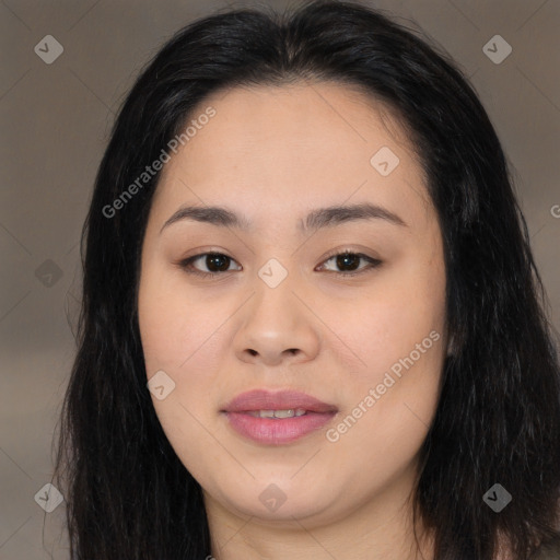 Joyful asian young-adult female with long  brown hair and brown eyes