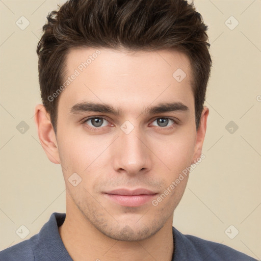 Neutral white young-adult male with short  brown hair and brown eyes