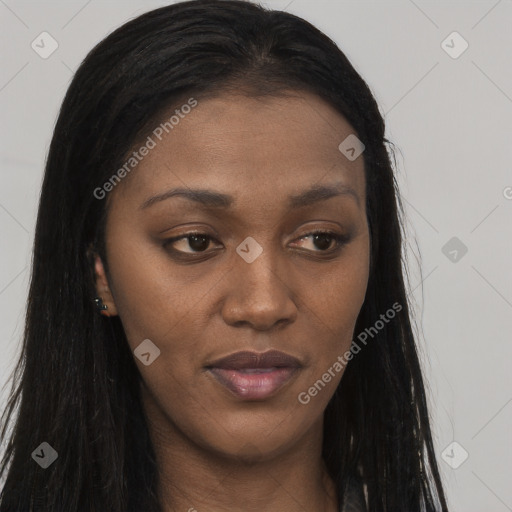 Joyful asian young-adult female with long  brown hair and brown eyes