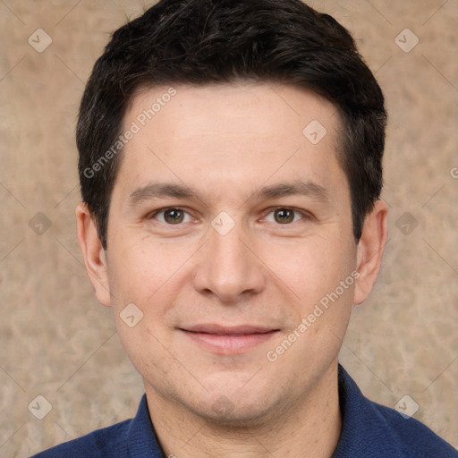 Joyful white young-adult male with short  brown hair and brown eyes