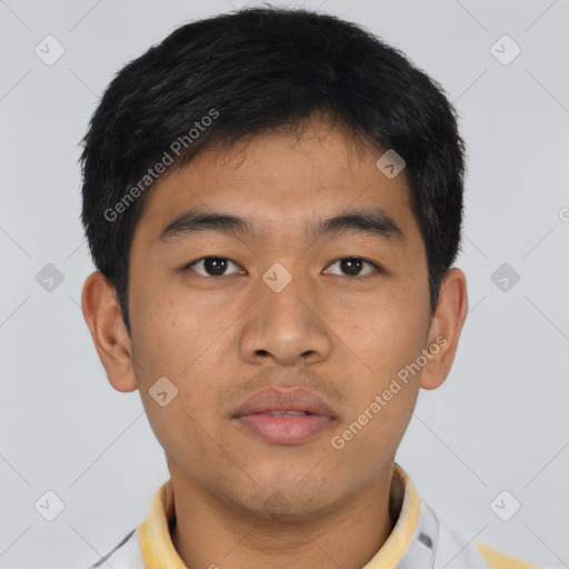 Neutral asian young-adult male with short  black hair and brown eyes