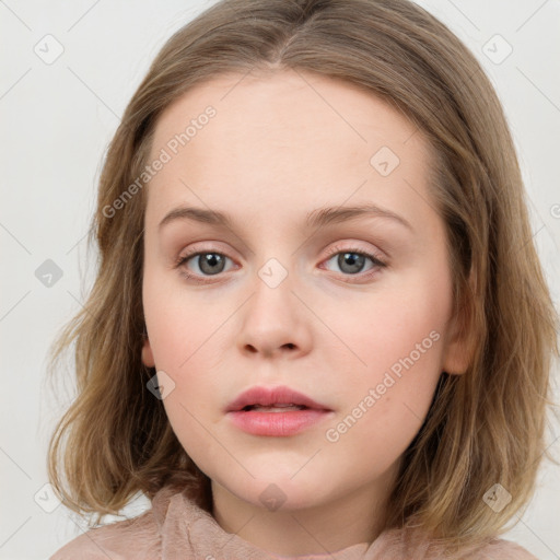 Neutral white child female with medium  brown hair and blue eyes