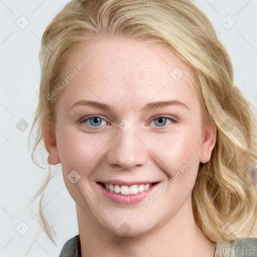 Joyful white young-adult female with medium  brown hair and blue eyes