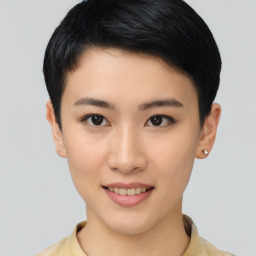 Joyful white young-adult female with short  black hair and brown eyes