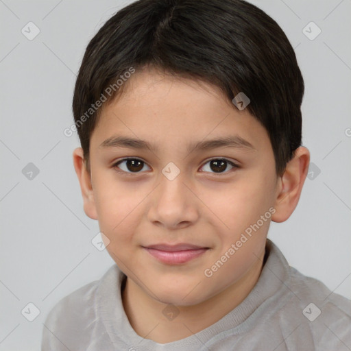 Joyful white child female with short  brown hair and brown eyes