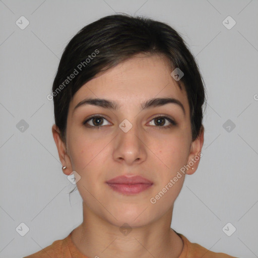 Neutral white young-adult female with short  brown hair and brown eyes