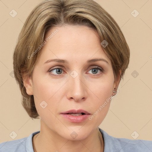 Neutral white young-adult female with medium  brown hair and brown eyes