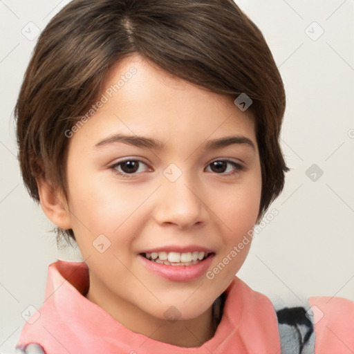 Joyful white child female with medium  brown hair and brown eyes