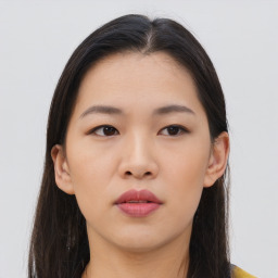 Neutral asian young-adult female with long  brown hair and brown eyes