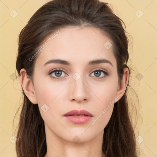 Neutral white young-adult female with long  brown hair and brown eyes