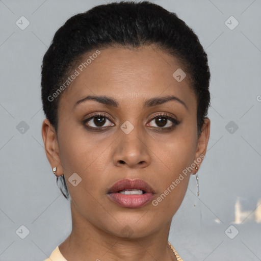 Neutral black young-adult female with short  brown hair and brown eyes