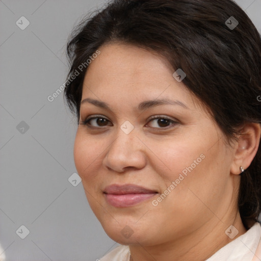 Joyful white adult female with medium  brown hair and brown eyes