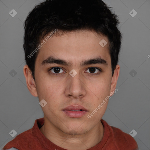 Neutral white young-adult male with short  brown hair and brown eyes