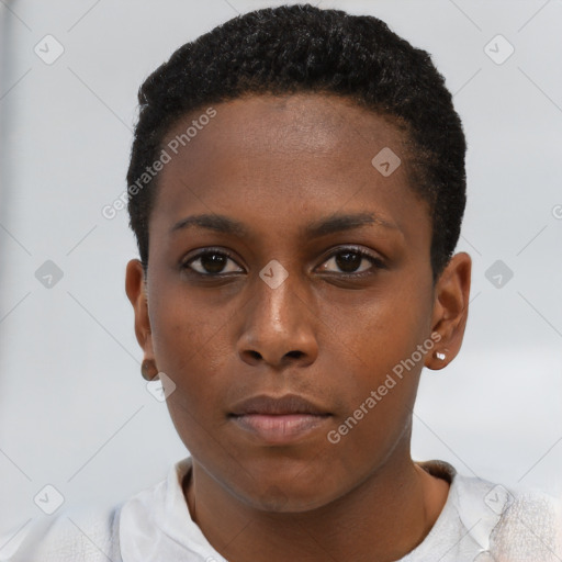 Neutral black young-adult female with short  brown hair and brown eyes