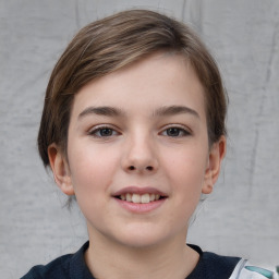 Joyful white child female with short  brown hair and brown eyes