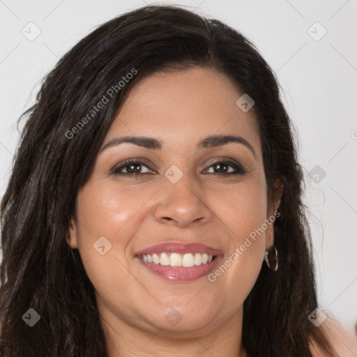 Joyful latino young-adult female with long  brown hair and brown eyes