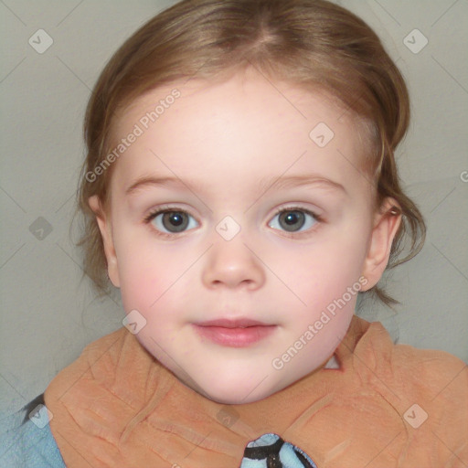 Neutral white child female with medium  brown hair and blue eyes