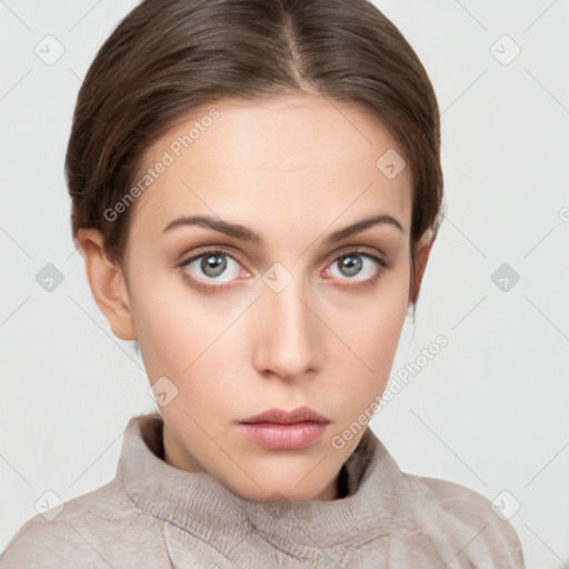 Neutral white young-adult female with medium  brown hair and grey eyes