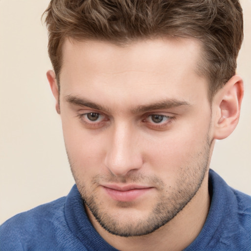 Neutral white young-adult male with short  brown hair and grey eyes