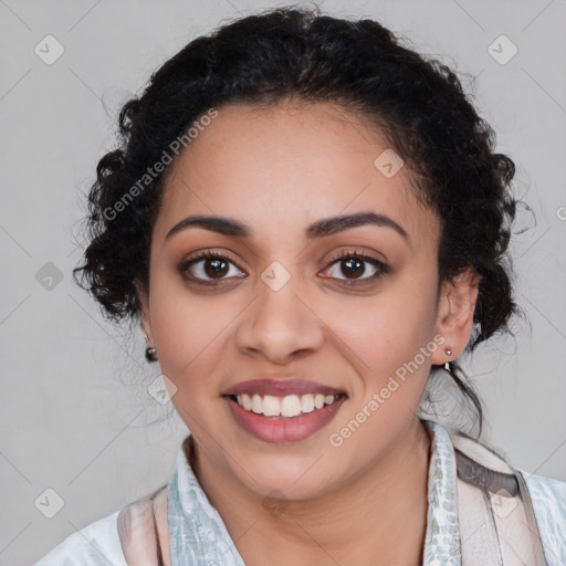 Joyful latino young-adult female with medium  black hair and brown eyes