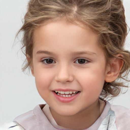 Joyful white child female with medium  brown hair and brown eyes