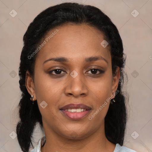 Joyful black young-adult female with medium  brown hair and brown eyes