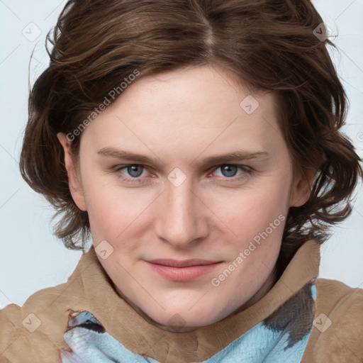 Joyful white young-adult female with medium  brown hair and blue eyes