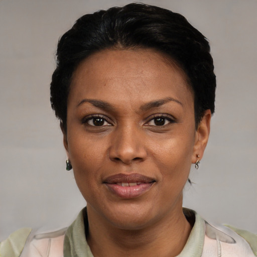 Joyful latino young-adult female with short  black hair and brown eyes