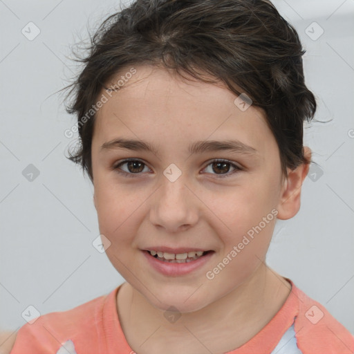 Joyful white child female with short  brown hair and brown eyes