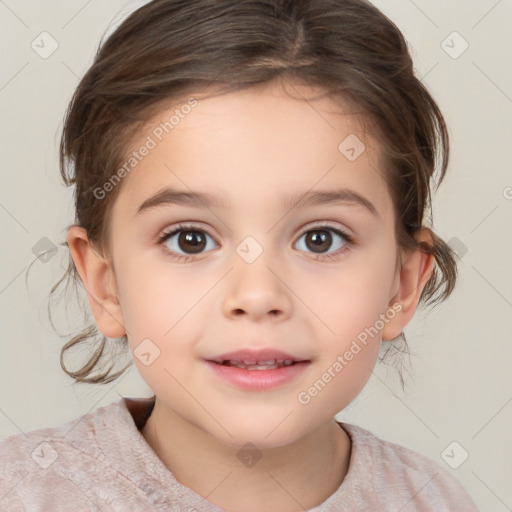 Joyful white child female with medium  brown hair and brown eyes