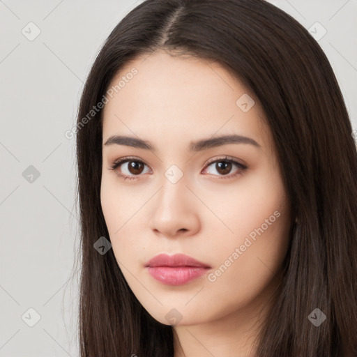 Neutral white young-adult female with long  brown hair and brown eyes