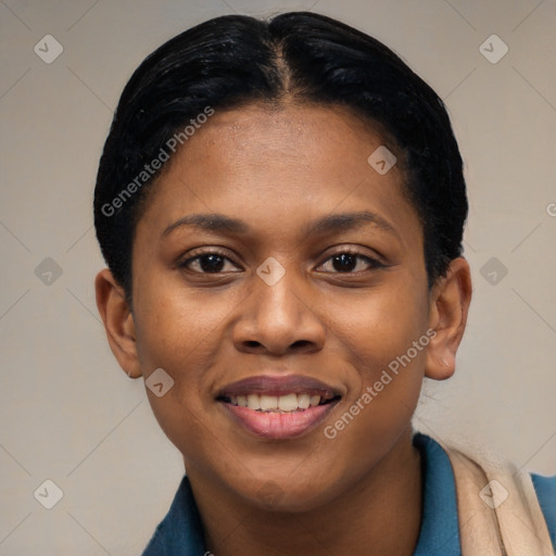 Joyful black young-adult female with short  black hair and brown eyes