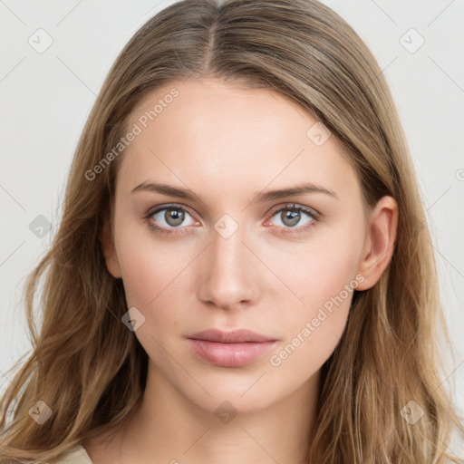 Neutral white young-adult female with long  brown hair and grey eyes