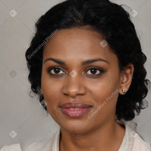 Joyful black young-adult female with medium  black hair and brown eyes