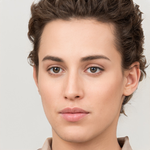 Neutral white young-adult female with short  brown hair and brown eyes